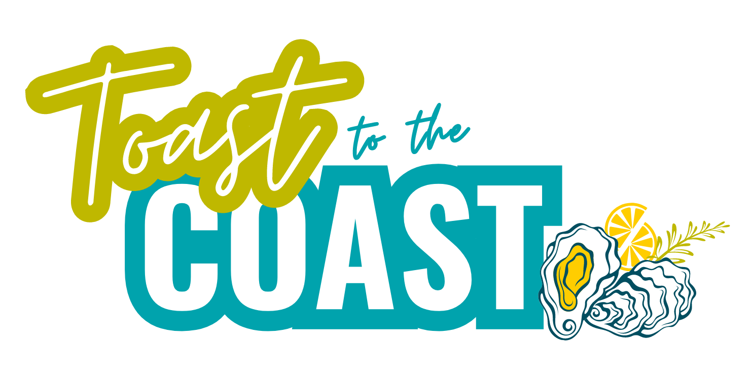 Toast (green background, white script) to the (aqua script) COAST (white bold sans-serif, blue background); right: cartoon oysters, lemon slice, herbs  