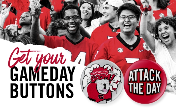 University of Georgia students cheering on the Dawgs; overlay left: 'Get your Gameday Buttons'; overlay right: small images of Gameday Buttons (described below)