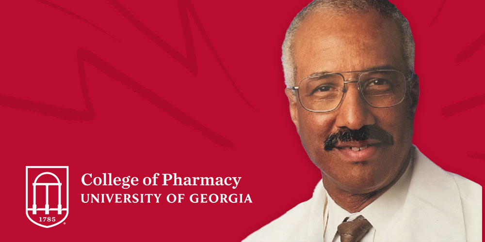 Red background, overlaid with a portrait of Wiliam T. Robie III (right) and the University of Georgia registered logo, text 'College of Pharmacy; University of Georgia (left)