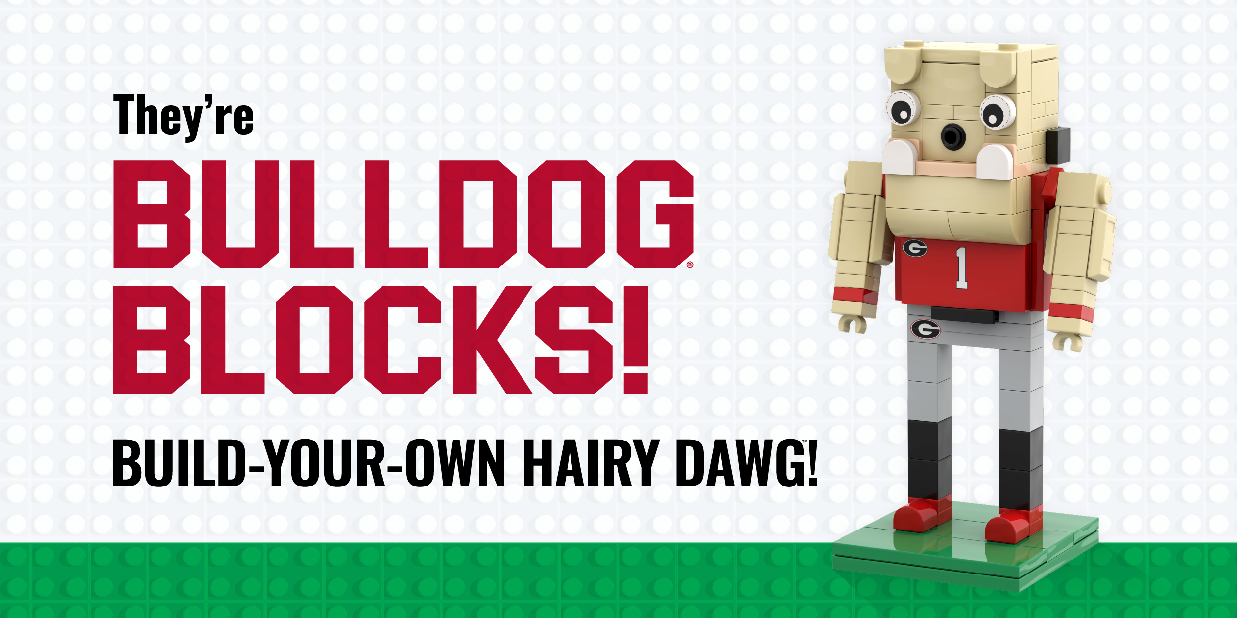 Text: 'They're BULLDOG BLOCKS! Build-Your-Own Hairy Dawg!' alongside an image of a toy building block Hairy Dawg