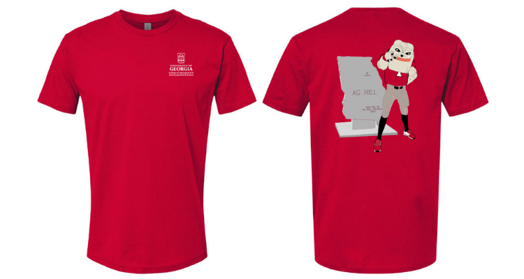 Ag Dawg Kickoff 2025 t-shirt design and flyer; 'Support CAES Students at AG Dawg Kickoff'; 'Give a Tee, Get a Tee'; images of a red t-shirt with a CAES logo on the front and Hairy Dawg standing with the Ag Hill plaque on the back; 'Now Thru July 25'