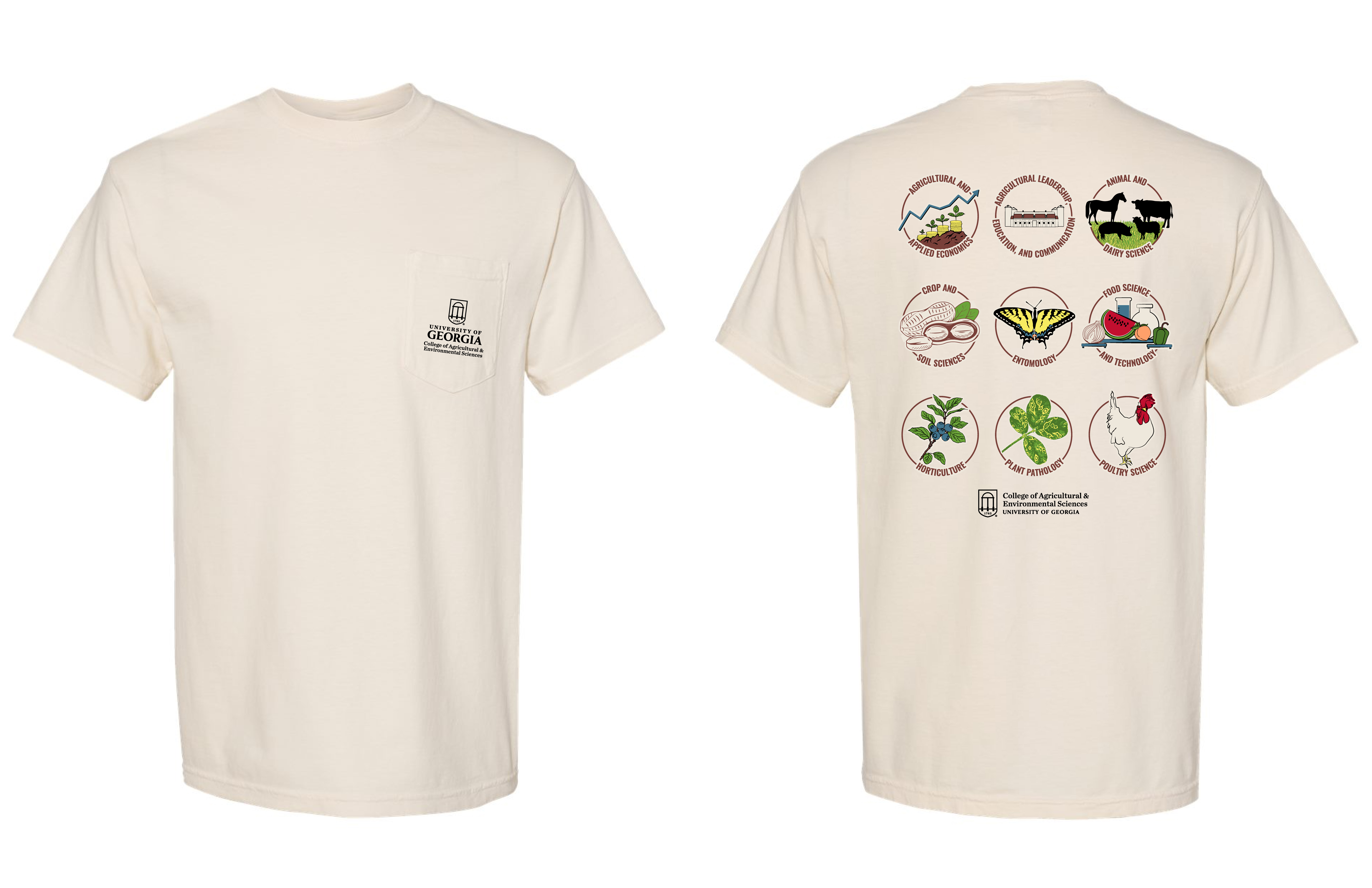 Ag Dawg Kickoff 2026 T-shirt with a CAES logo on the front and various majors and symbols on the back