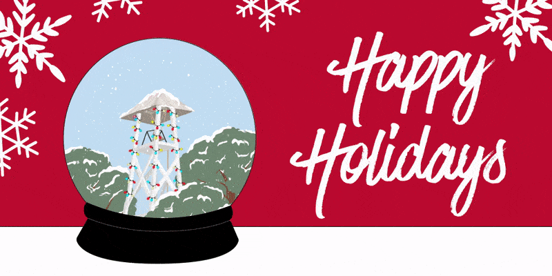 'Happy Holidays' script over red background with white snowflakes; left: animated snowglobe showing the top of the chapel bell tower wrapped in holiday lights